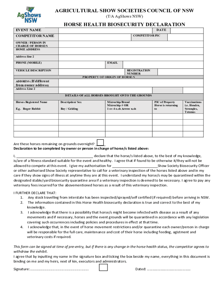 Fillable Online Horse Health Biosecurity Declaration Fax Email Print