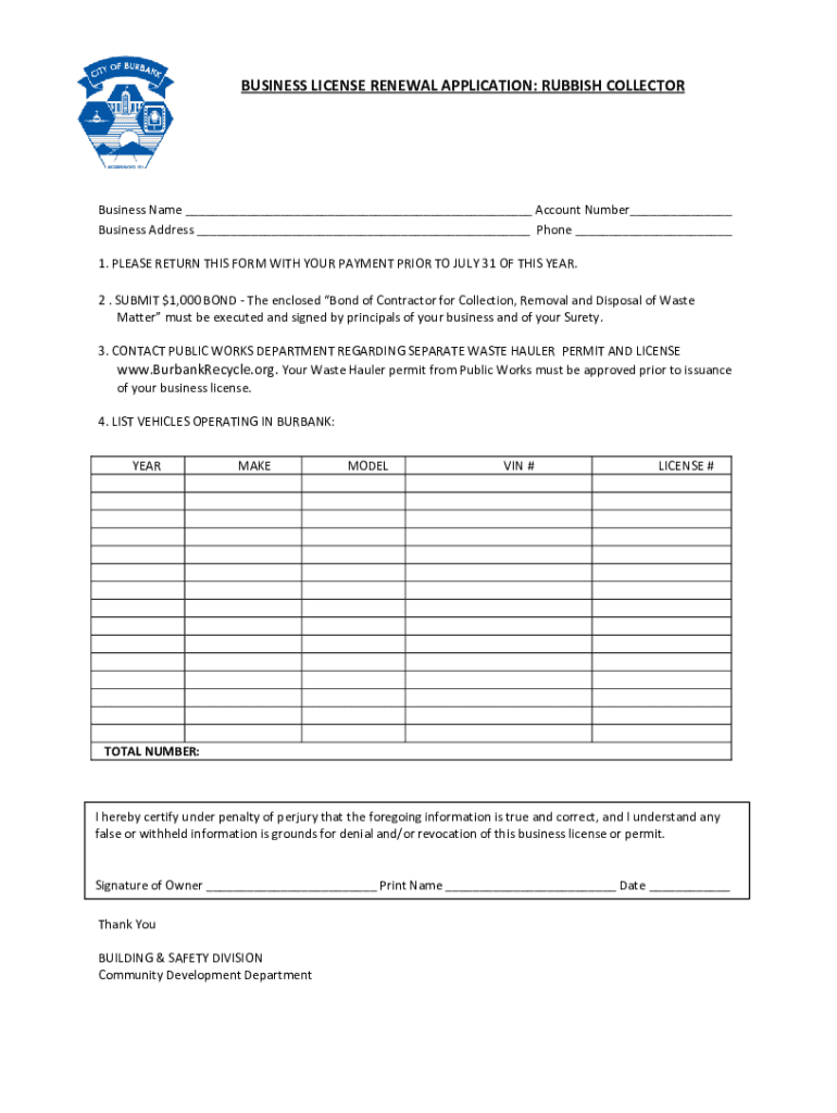 Fillable Online BUSINESS LICENSE RENEWAL APPLICATION RUBBISH Fax