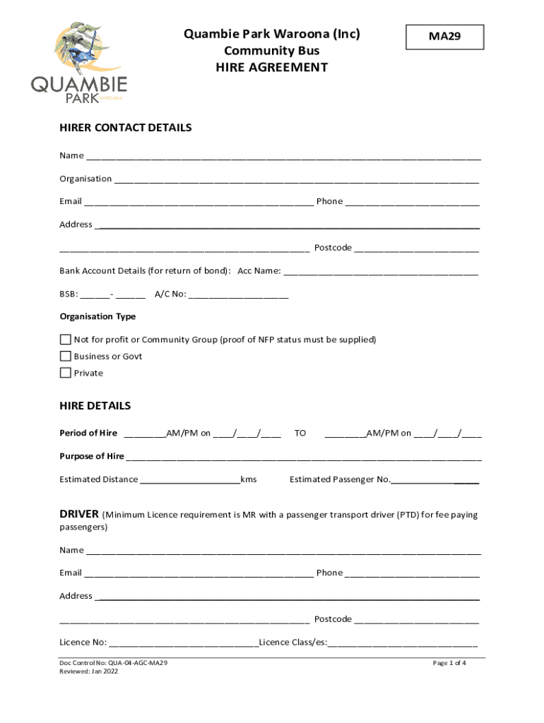 Fillable Online MA29 Bus Agreement of Hire Waroona Fax Email Print