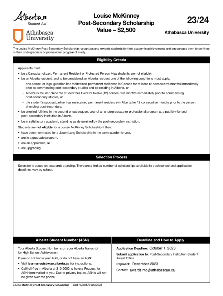 Fillable Online Jason Lang Scholarship & Louise McKinney Scholarship
