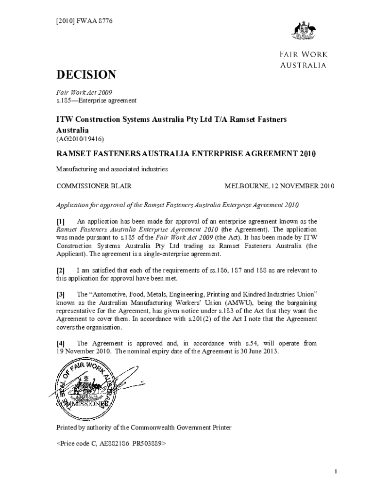 Fillable Online Ramset Fasteners Australia Enterprise Agreement 2010