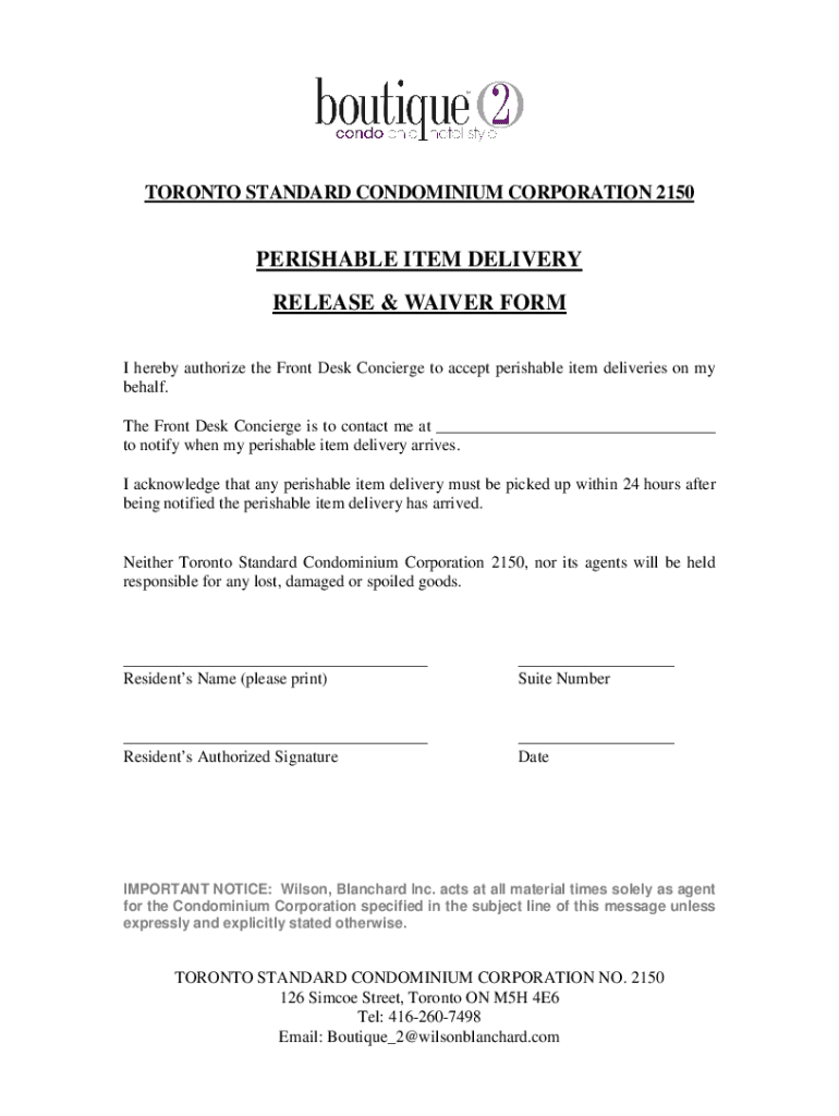 Fillable Online PERISHABLE ITEM DELIVERY RELEASE & WAIVER FORM Fax