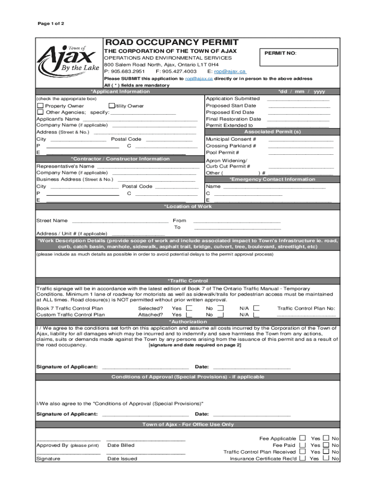 Fillable Online Road Occupancy and Closure Permits Fax Email Print
