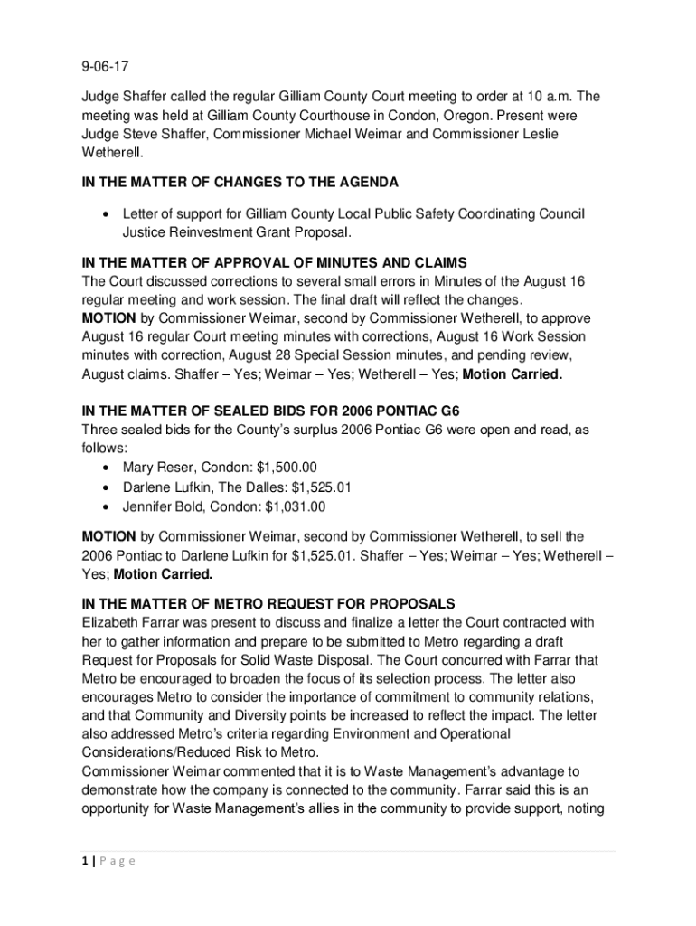 Fillable Online 03216 Judge Shaffer called the regular Gilliam County