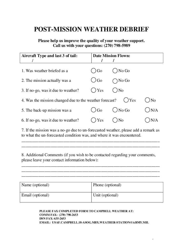 Fillable Online POSTMISSION WEATHER DEBRIEF U.S. Army Garrisons Fax
