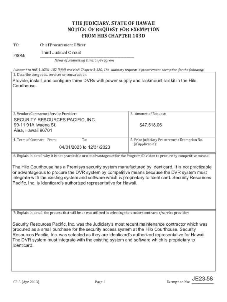 Fillable Online notice of request for exemption from ch. 103d, hawaii