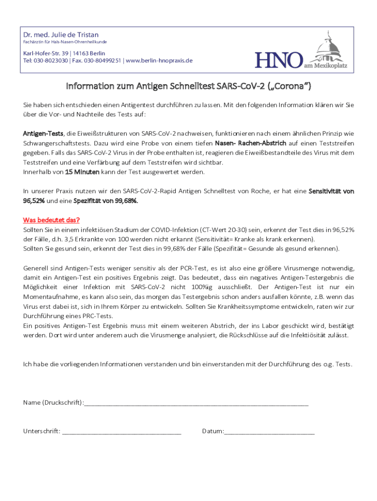 Ausfüllbar Online Information zum Antigen Schnelltest SARSCoV2 (Corona) Fax Email Drucken