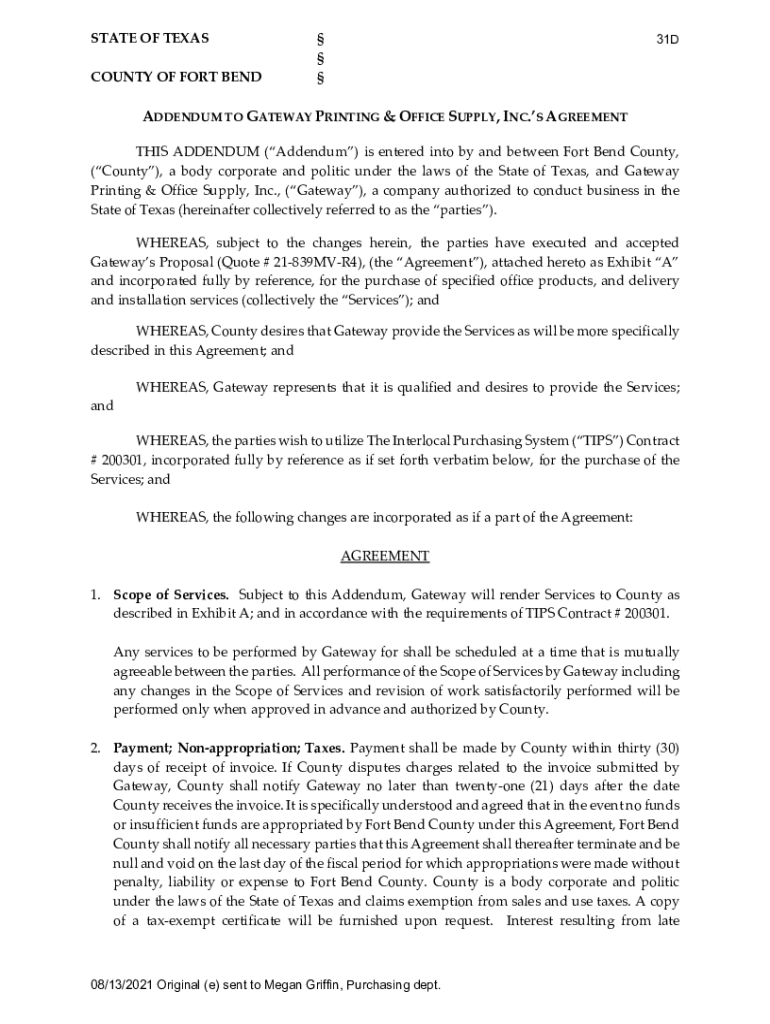 Fillable Online ADDENDUM TO GATEWAY PRINTING & OFFICE SUPPLY, INC Fax Email Print pdfFiller