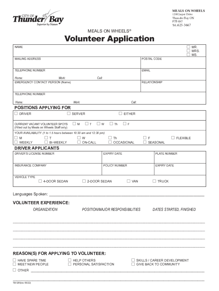 Fillable Online Thunder Bay (City of) Pioneer Ridge Meals on Wheels Fax Email Print pdfFiller