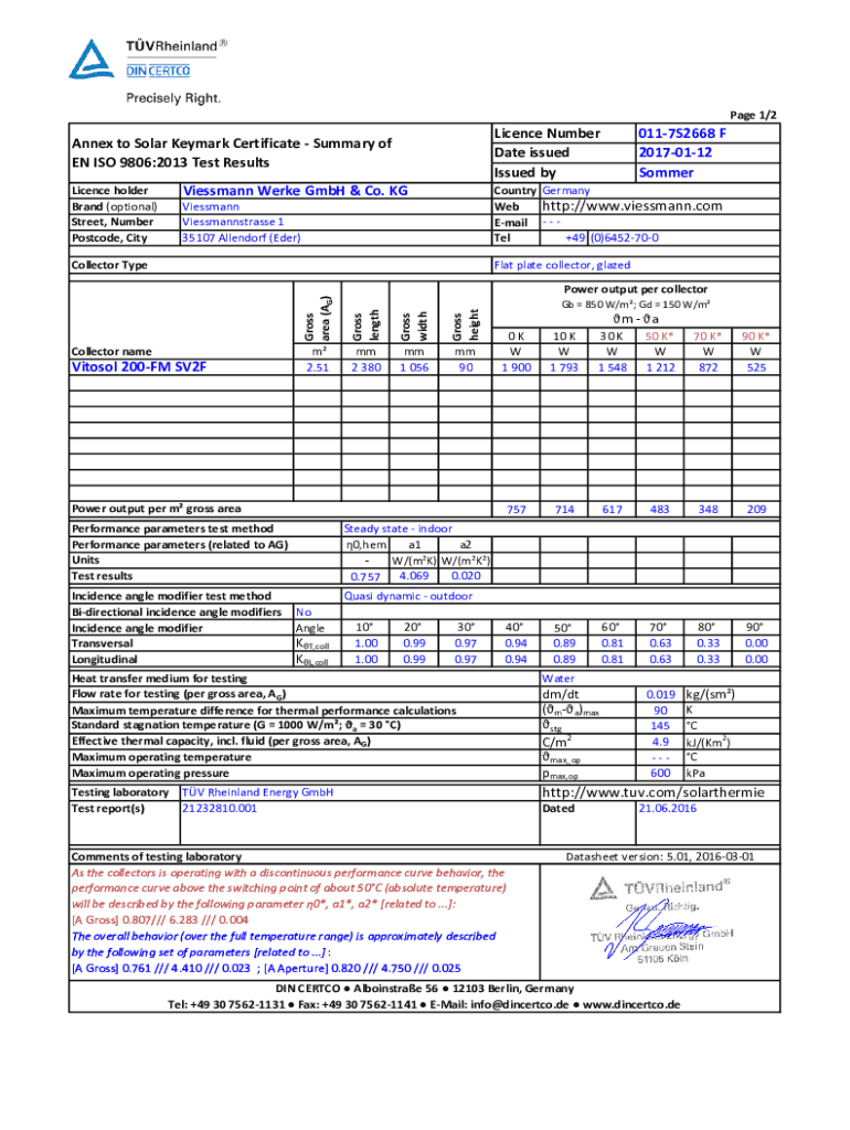 Fillable Online Vitosol 200-FM SV2F - Annex To Solar Keymark
