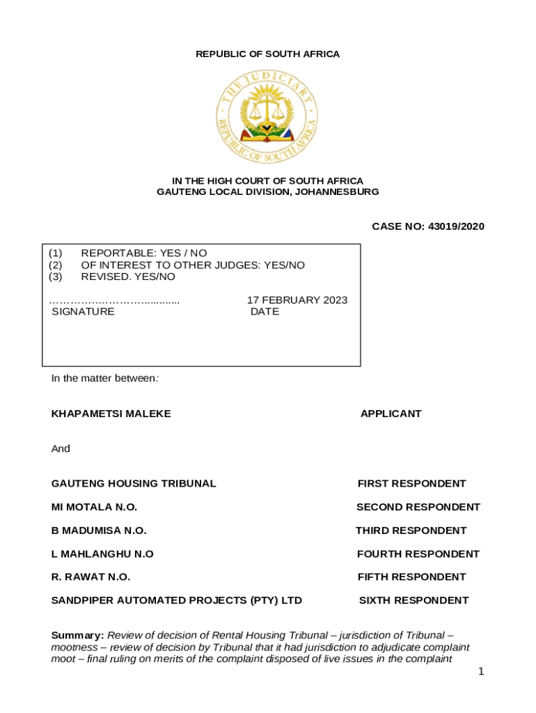 Fillable Online Maleke v Gauteng Housing Tribunal and Others (43019