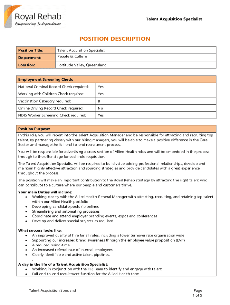 Fillable Online Talent Acquisition Specialist job description template