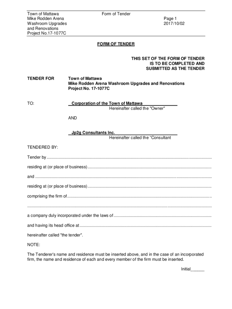 Fillable Online Form of Tender to be completed and submitted Fax Email