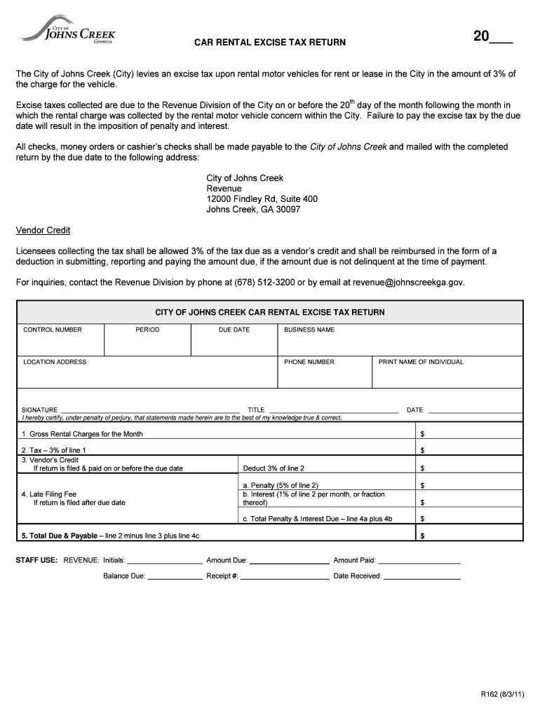 Fillable Online johnscreekga Car rental excise tax return PDF City of