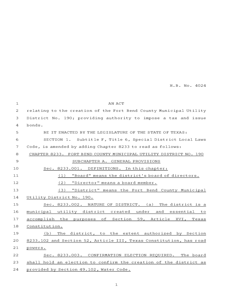 Fillable Online ftp legis state tx Fort Bend County Municipal Utility