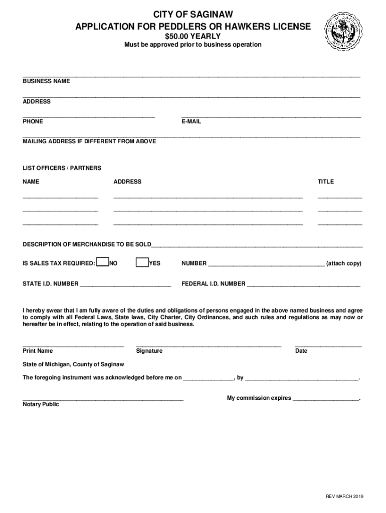 Fillable Online Application for Peddlers or Hawkers License City of