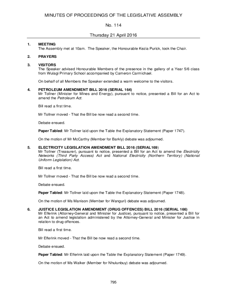 Fillable Online parliament nt gov The Assembly met at 10am Fax Email Print pdfFiller