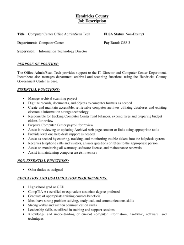 Fillable Online HENDRICKS COUNTY JOB DESCRIPTION Fax Email Print