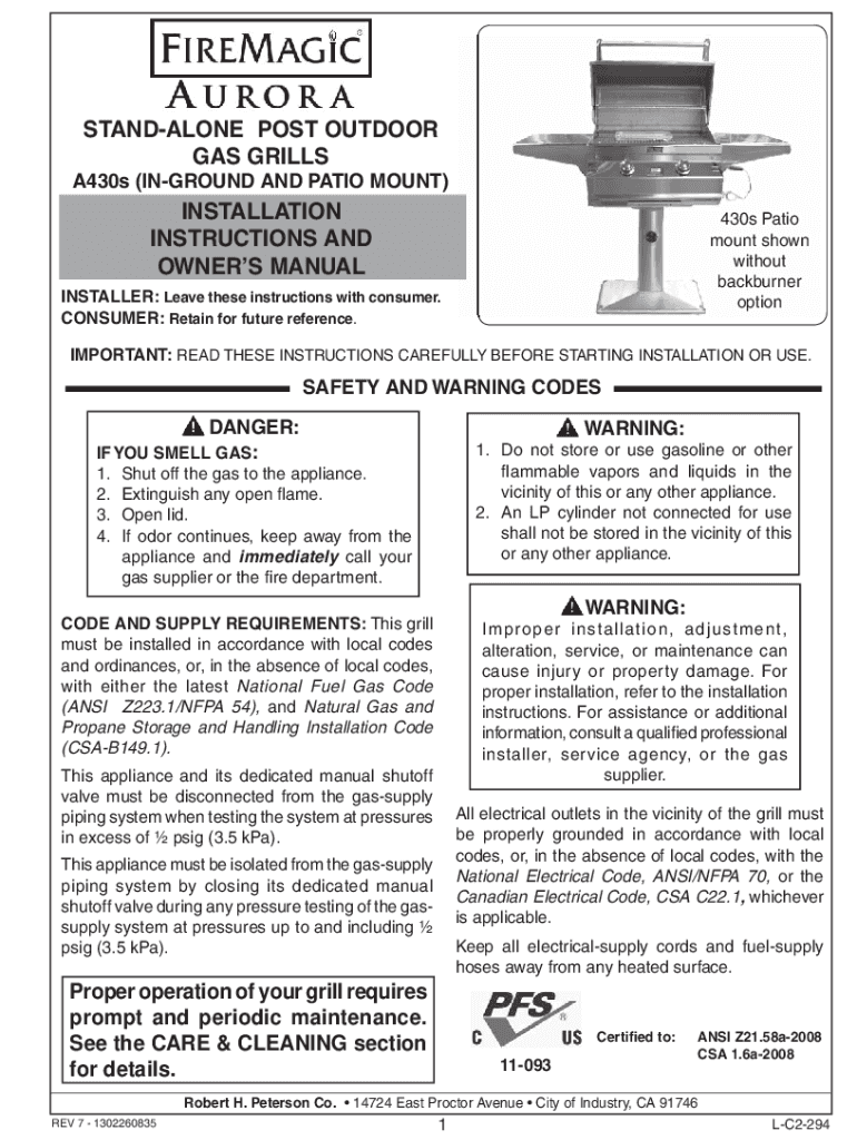Fillable Online cdn shocho C2443 AOG Post (InGround and Patio) Grill