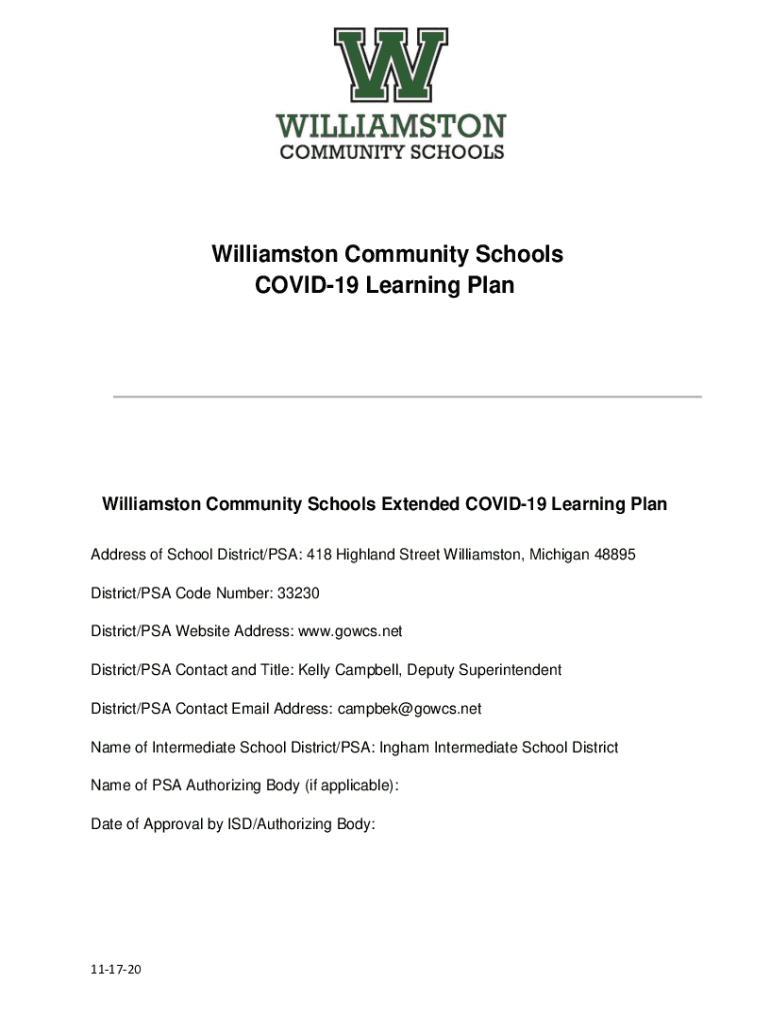 Fillable Online Williamston Community Schools COVID19 Learning Plan