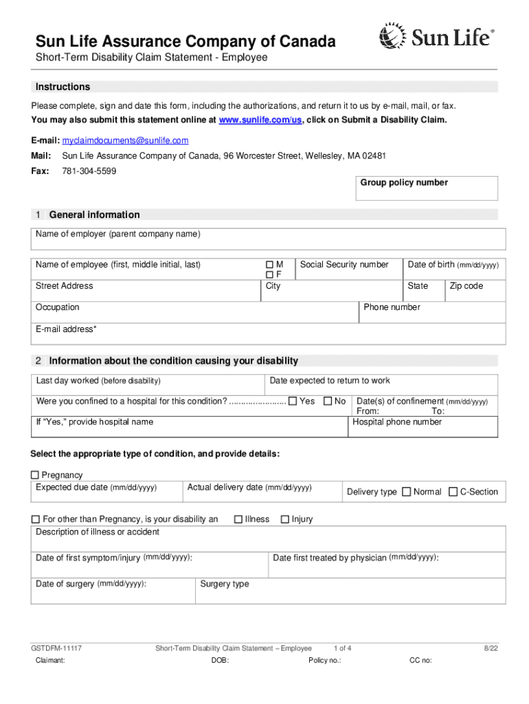 Fillable Online Sun Life Disability Claim Statement Employee Fax