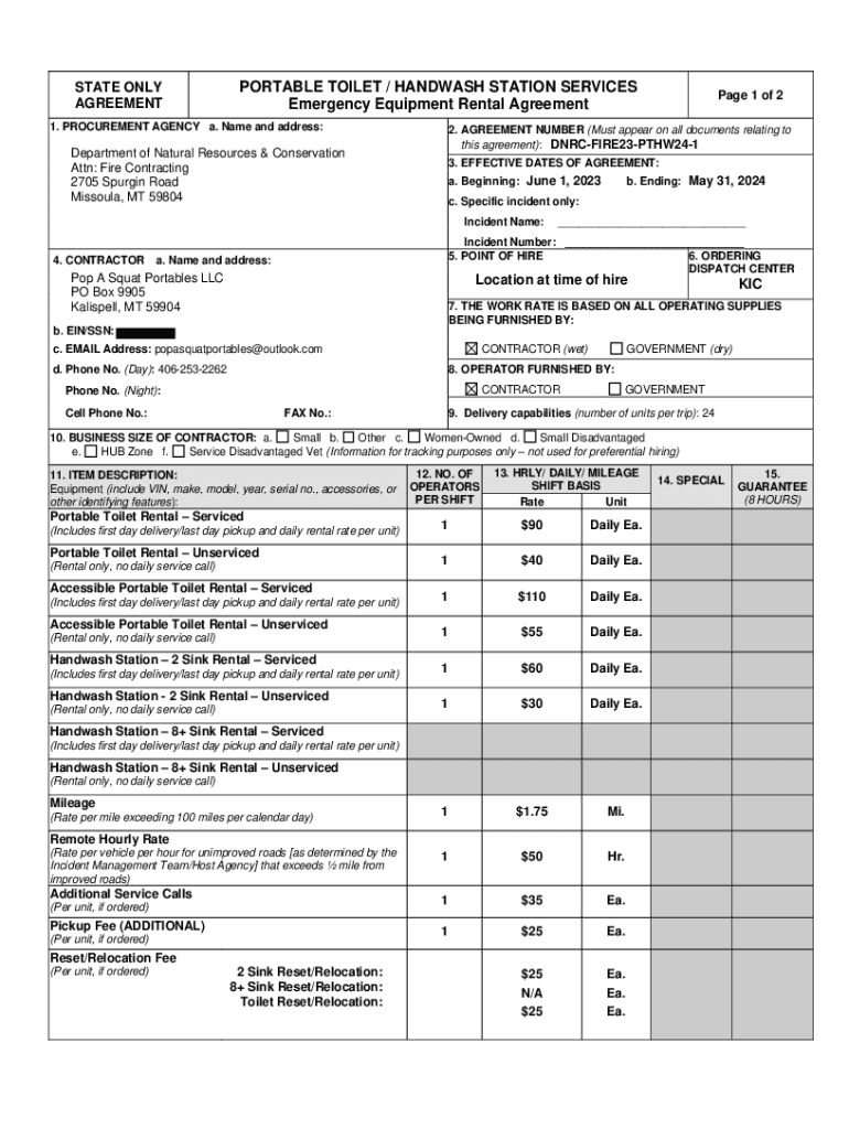 Fillable Online dnrc mt EMERGENCY EQUIPMENT RENTAL AGREEMENT ( Fax