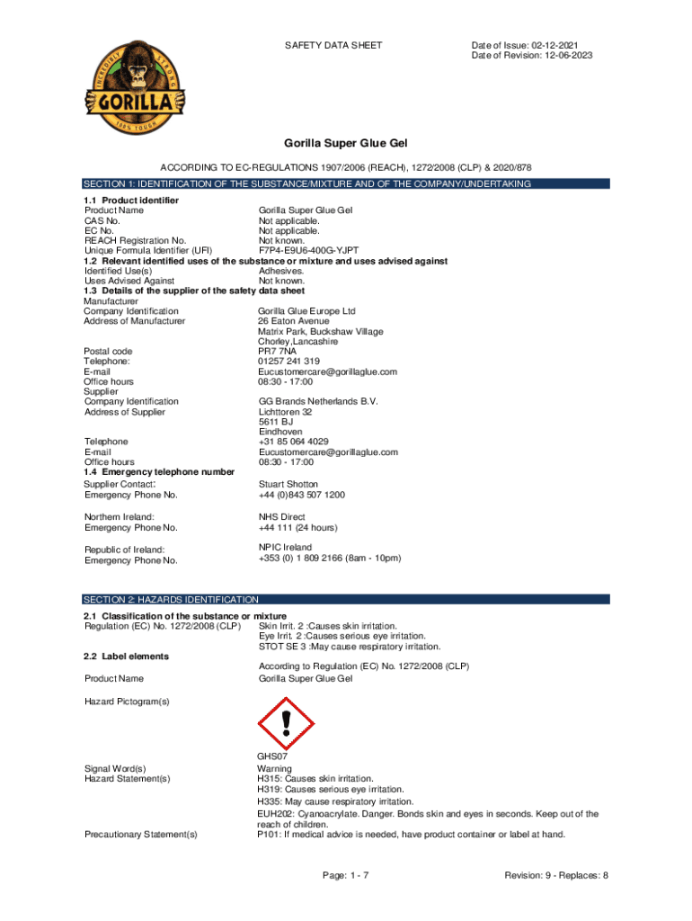 Fillable Online Safety Data Sheet Gorilla Super Glue Gel Fax Email