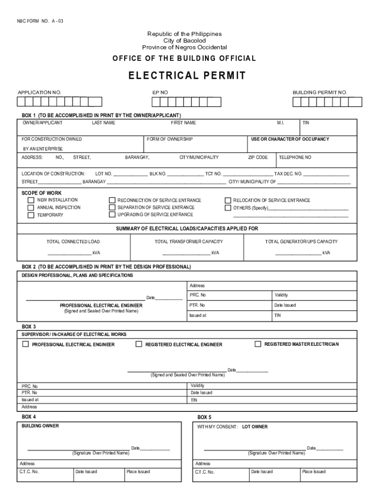 Fillable Online bacolodcity gov Electrical Permit Form Fill Online