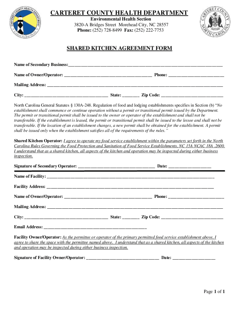 Fillable Online shared kitchen agreement form Fax Email Print pdfFiller