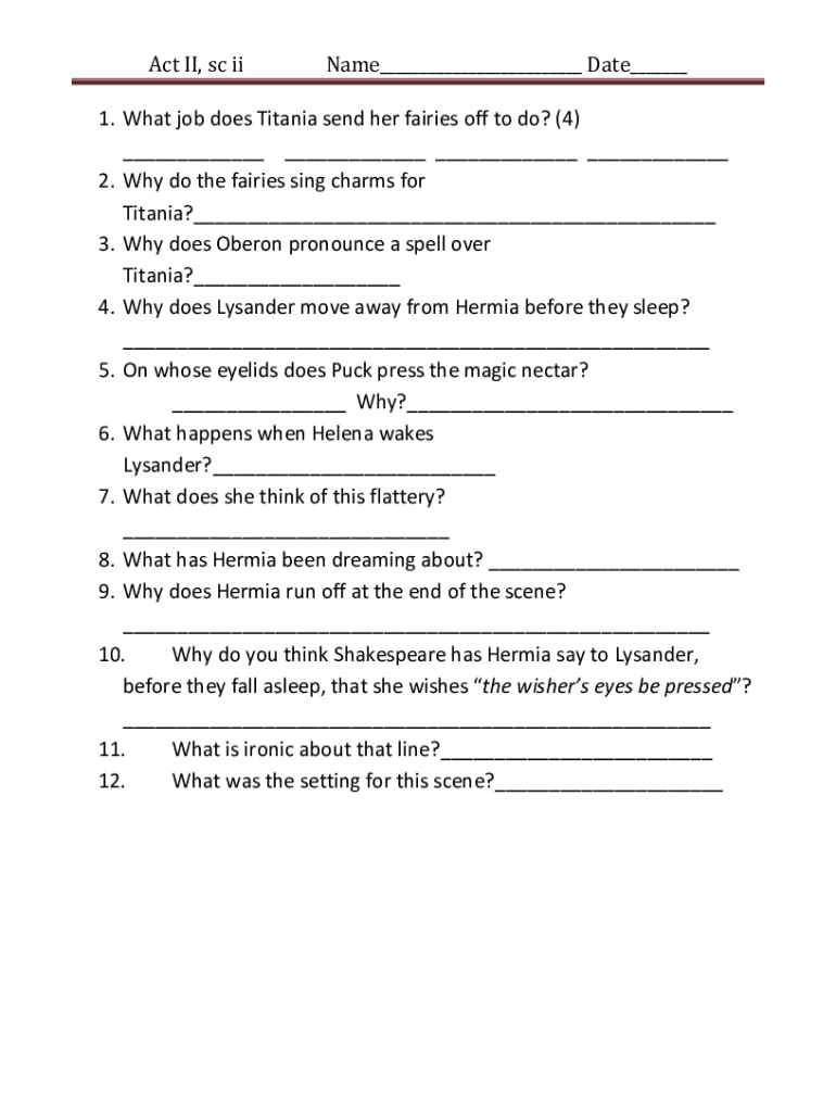 Fillable Online A Midsummer Night's Dream A Unit Plan Cypress