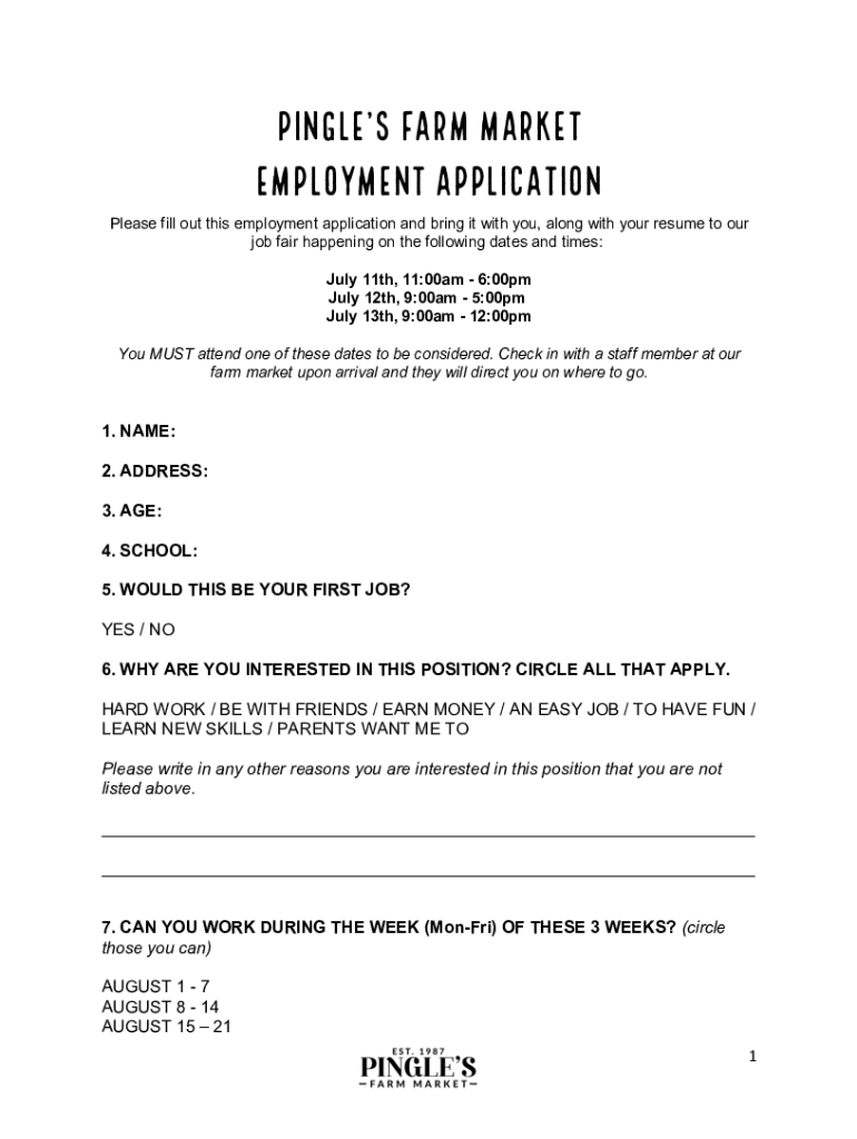 Fillable Online Pingle's Farm Market Employment Application Fax Email