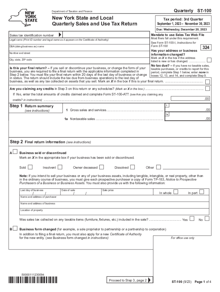 Form ST100 New York State and Local Quarterly Sales and Use Tax Return