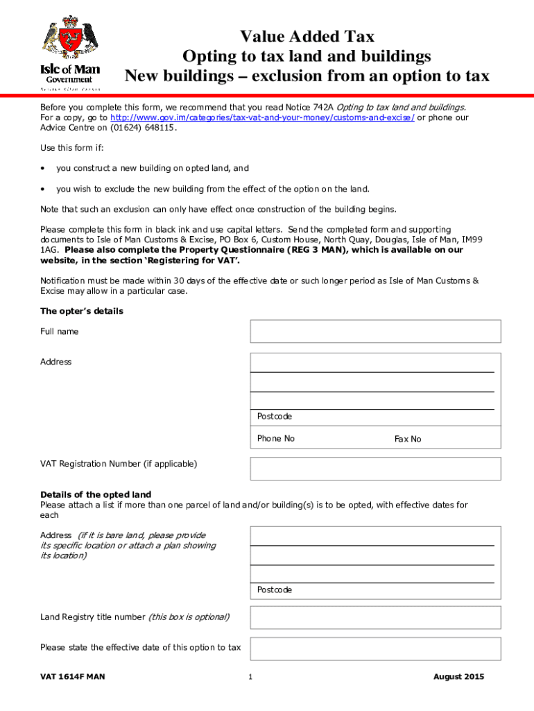 Fillable Online Option to Tax Land & Buildings How to Claim VAT on