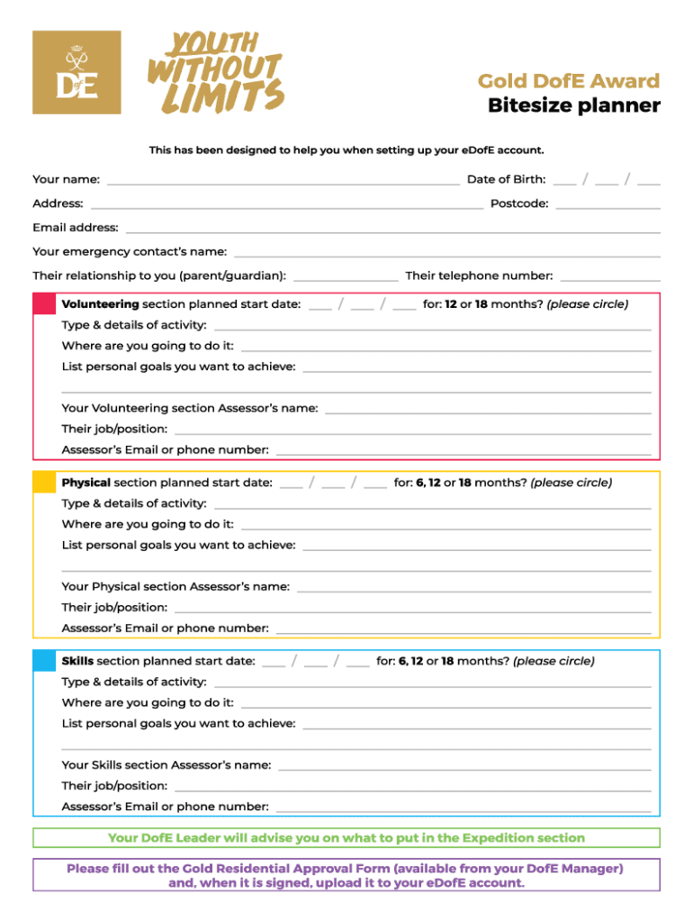 Fillable Online Fillable Online DofE Bronze Award Bitesize planner Fax Fax Email Print