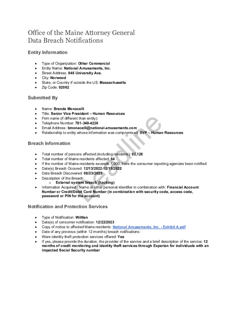 Fillable Online Office of the Maine Attorney General Data Breach