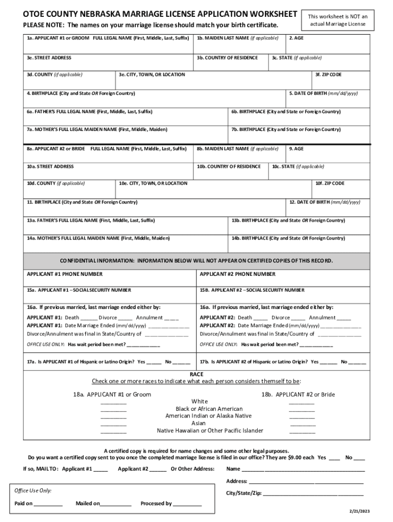 Otoe County Nebraska Marriage License Application Worksheet Fill