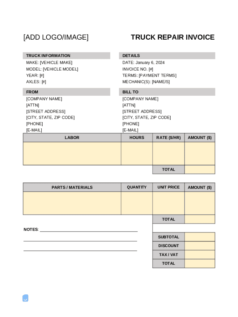 Truck Repair Invoice Template Doc Template | pdfFiller
