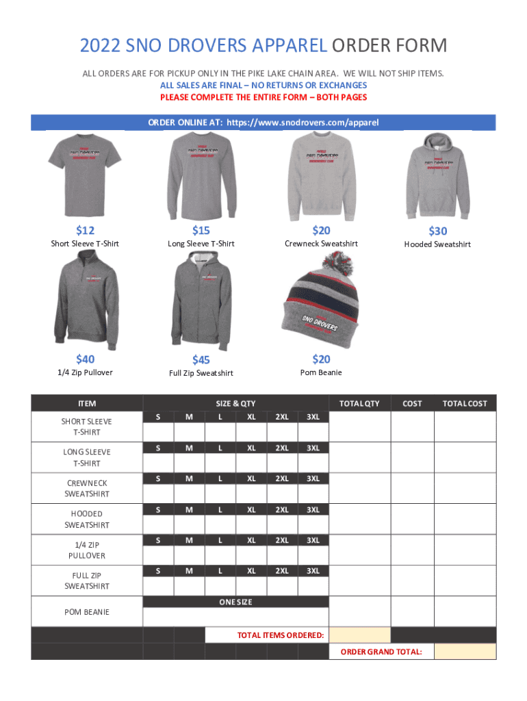 Fillable Online 2022 SNO DROVERS APPAREL ORDER FORM Fax Email Print