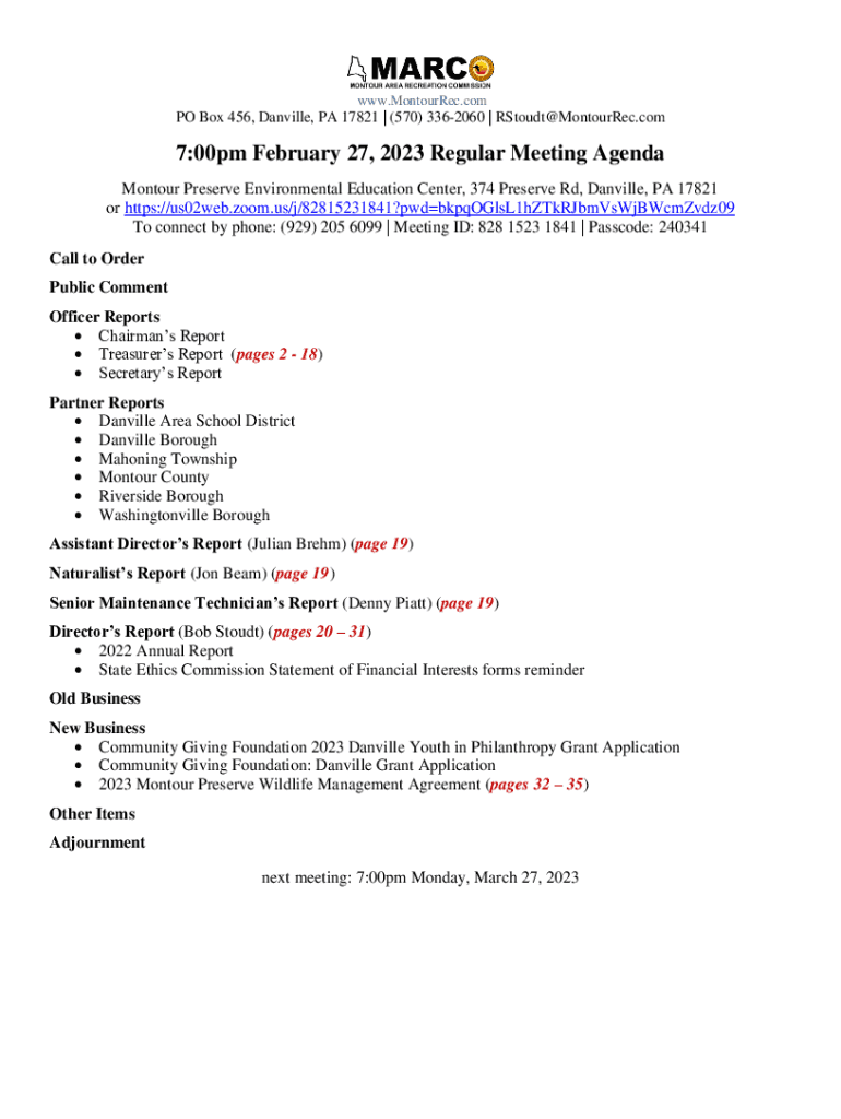 Fillable Online The Montour Area Recreation Commission (MARC) Fax