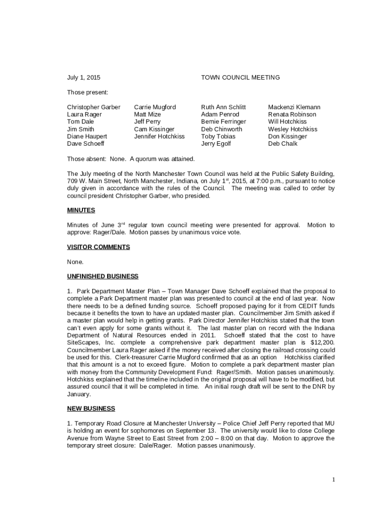 Town of North Manchester, Indiana IN.gov Doc Template pdfFiller