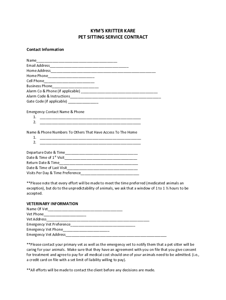 Fillable Online KYM'S KRITTER KARE PET SITTING SERVICE CONTRACT Fax