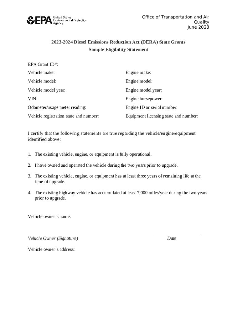 20232024 Diesel Emissions Reduction Act (DERA) State Grants. In this sample eligibility