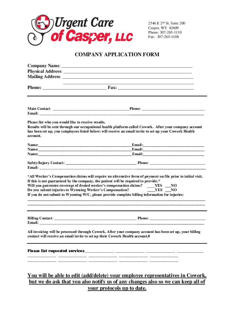 2023 WY Urgent Care of Casper Company Application Form Fill Online