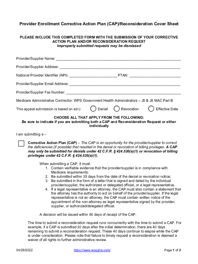 Fillable Online Provider Enrollment Corrective Action Plan (CAP
