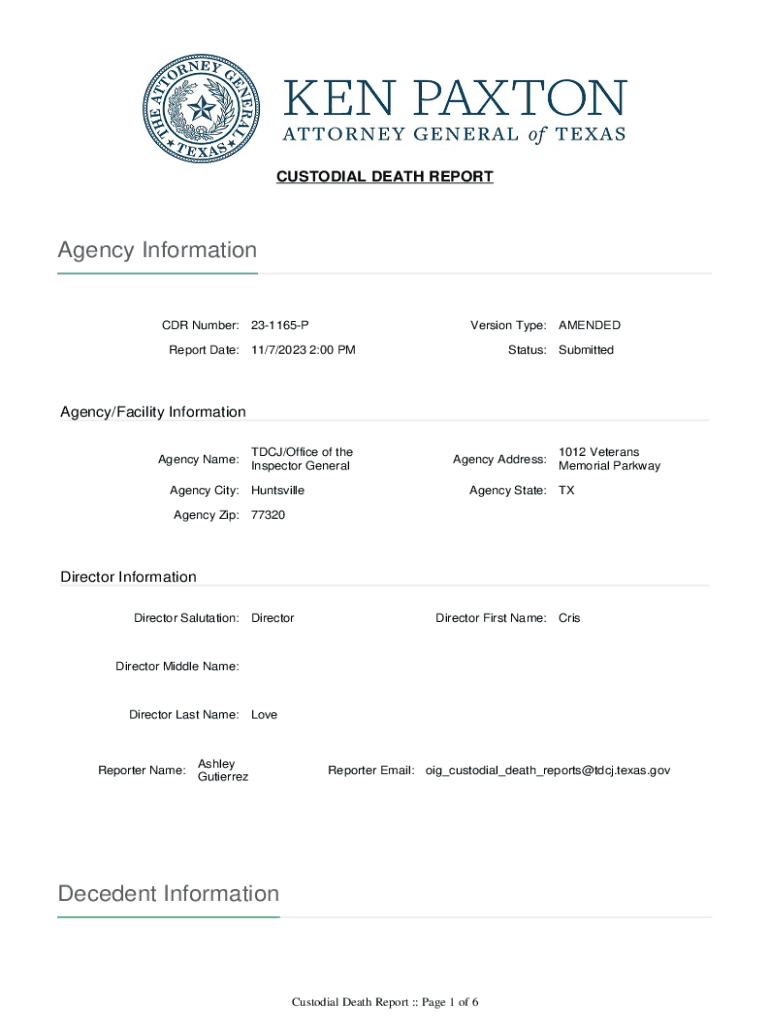 Fillable Online Custodial Death ReportOffice of the Attorney General