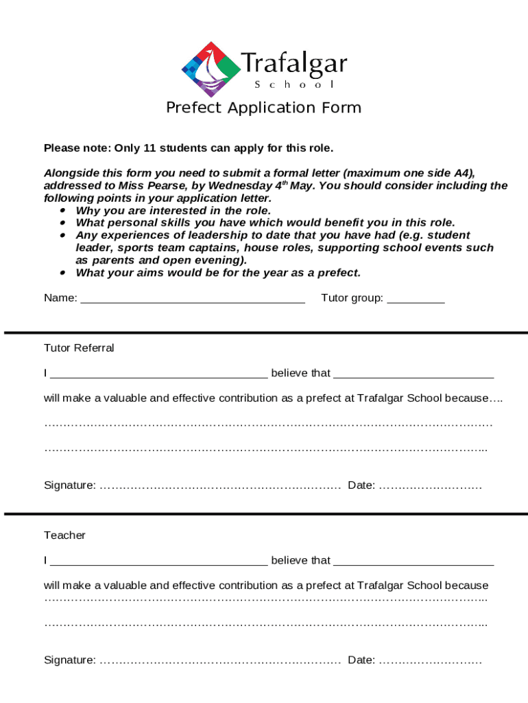Head Student and Senior Prefect Application Letter and Doc Template