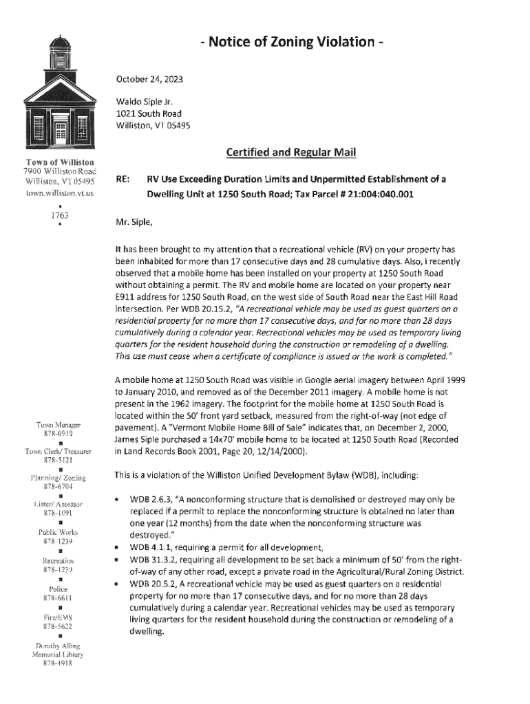 Fillable Online Notice of Zoning Violation Town of Williston, Vermont Fax Email Print pdfFiller