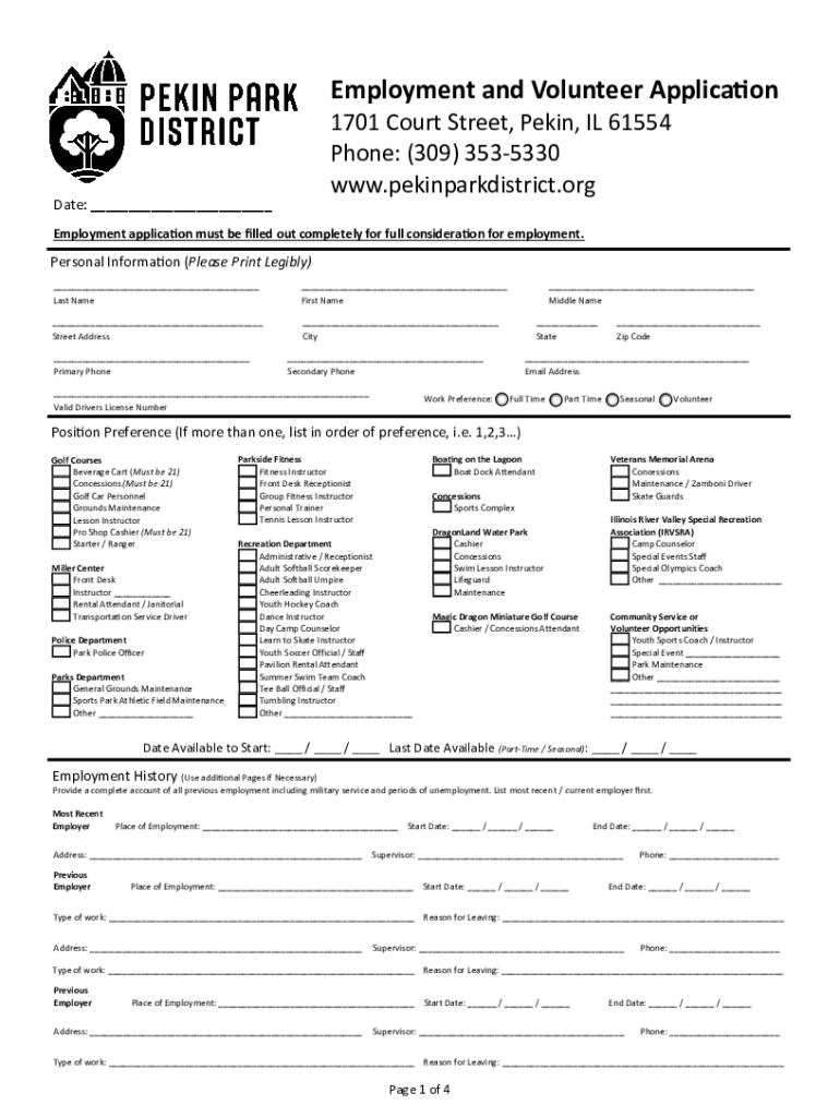 Fillable Online Pekin Park District Employment & Volunteer Application