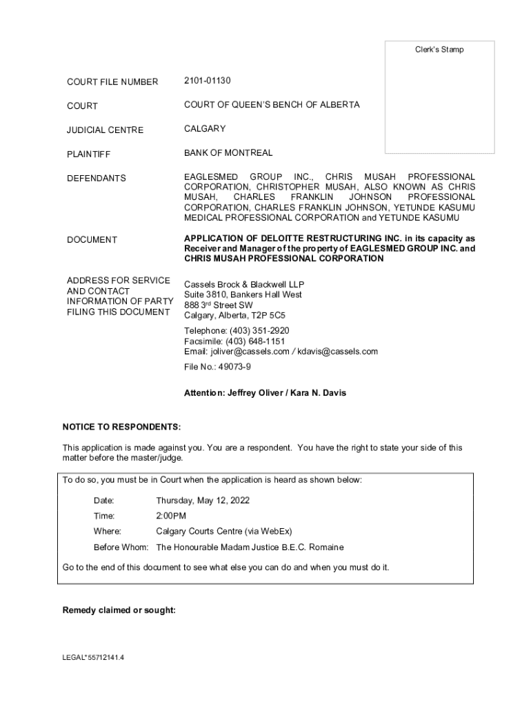 Fillable Online COURT FILE NUMBER 210101130 Fax Email Print