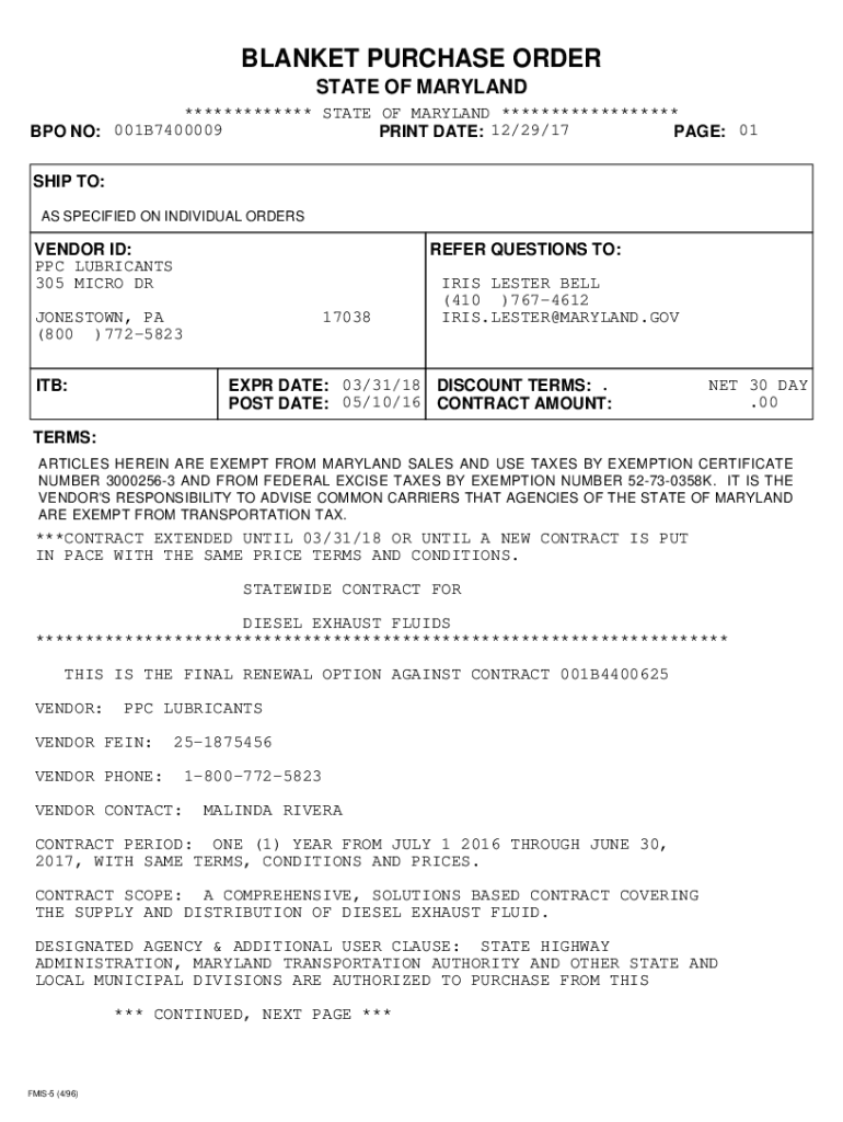 Fillable Online PDF version of FMIS BPO. Blanket Purchase Order number